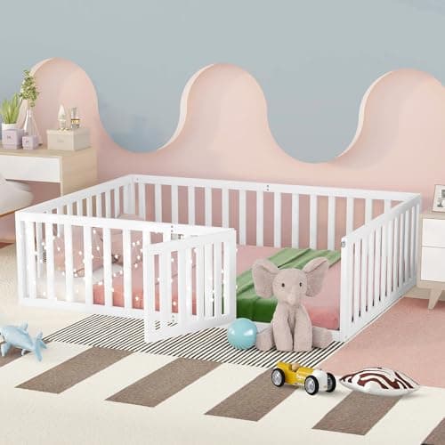 Full Size Montessori Floor Bed for Kids, Sturdy Wood Frame with Fence & Door, White Color (No Bed Slats)