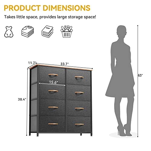 Charcoal Grey Fabric Dresser with 8 Drawers & Sturdy Steel Frame