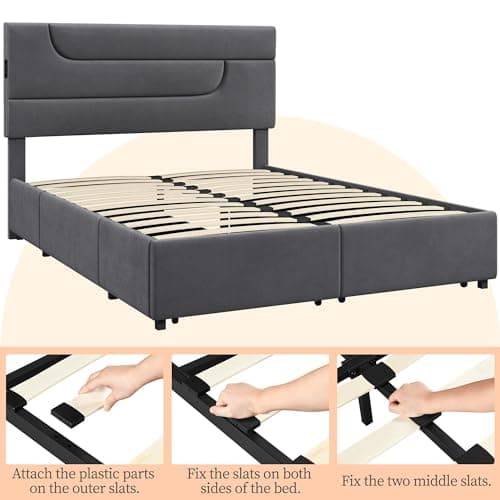 Yaheetech Dark Gray Queen Bed Frame with USB Charging & Storage Drawers