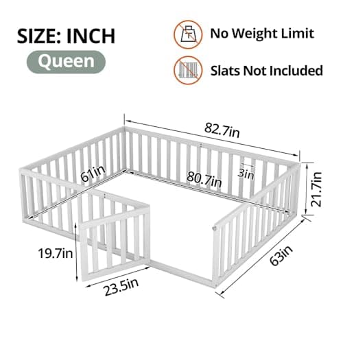 Multifunctional White Montessori Queen Bed with Fence & Door for Kids