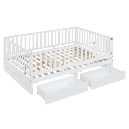 i-POOK Full Size White Wooden Daybed with Drawers & Fence Guardrails