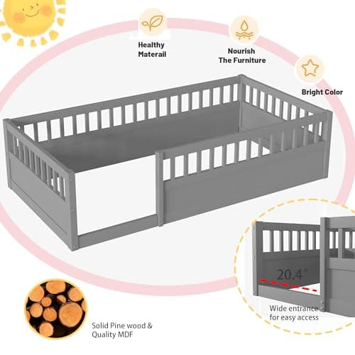 Montessori Twin Bed with High Railings for Kids, Gray