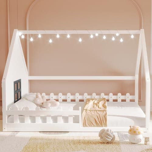 Merax Full Size Montessori Floor Bed with LED Light, Gray