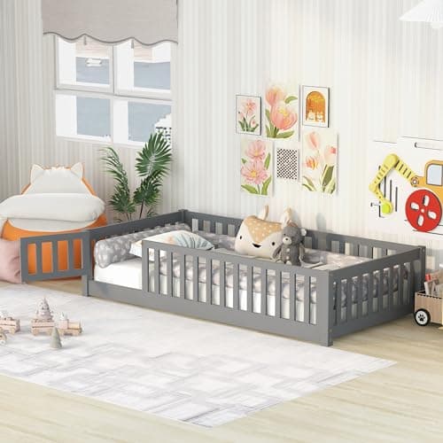 Bellemave Twin Size Floor Bed with Door & Safety Guardrails for Kids