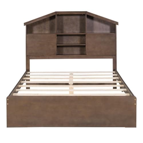 i-POOK House-Shaped Storage Full Bed Frame with Drawers for Kids Teens Adults Walnut