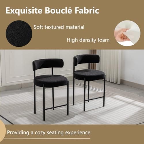 Mid-Century Modern Black Boucle Bar Stools, Set of 3, 24'' High, Kitchen Island Dining Room