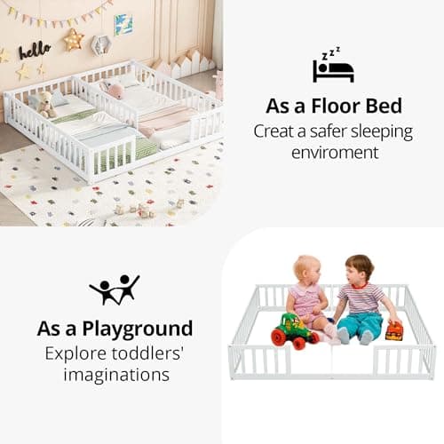 Montessori Wooden Floor Bed for 2 Kids, White Fence RailINGS, Box Spring Needed
