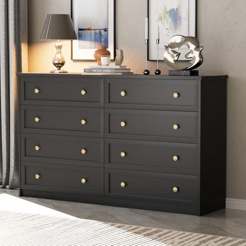 Black 8 Drawer Double Dresser - 55.1" Wide with Large Storage