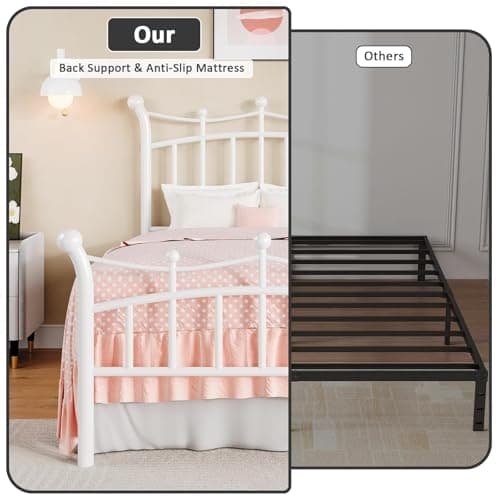 Hombck White Metal Twin Bed Frame with Crown Headboard