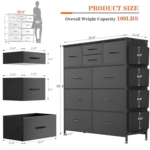 Lulive Black PU Storage Dresser with 10 Drawers & Side Pockets