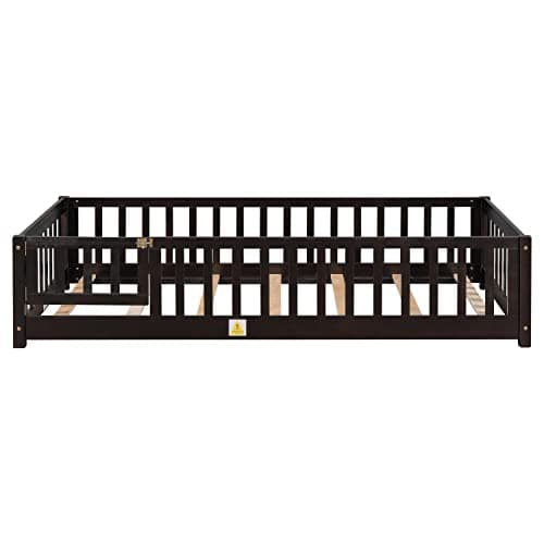 Twin Size Wood Montessori Bed with Convertible Door & Safety Guardrails for Kids, Espresso