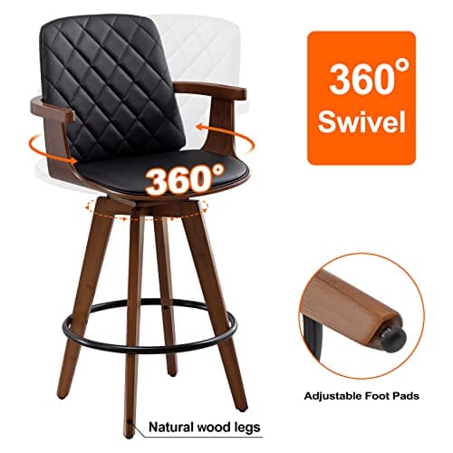 Set of 2 Upholstered Faux Leather Swivel Bar Stools with Wooden Arms and Legs, 25.6-Inch Seat Height (Black, 26 Counter Height)
