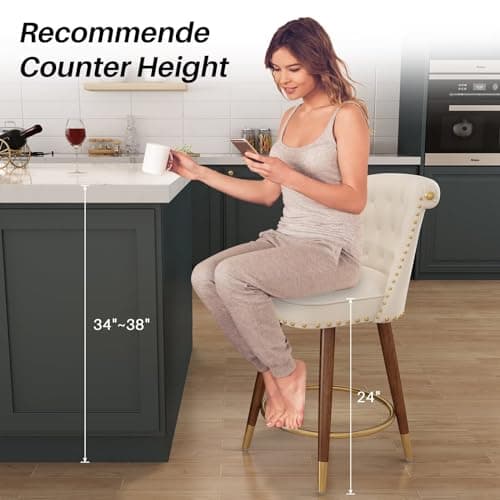 Set of 2 360° Swivel Counter Height Bar Stools with Back and Footrest - 24 Velvet Upholstered Beige Stools with Solid Wood Legs for Kitchen Island