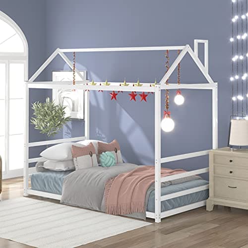 i-POOK White Twin Size House Bed with Roof & Chimney & Storage