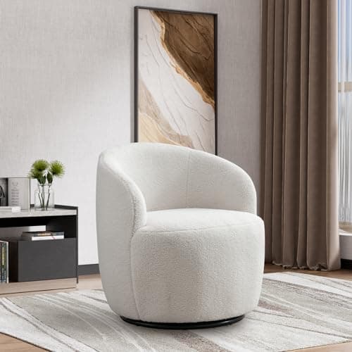 Ivory Boucle Swivel Chair, 360° Rotating Living Room Accent Chair