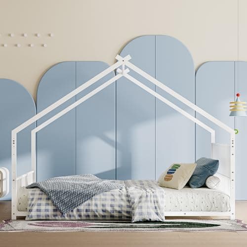 KEIKI Full Size Floor Bed with Colorful Lights (White)