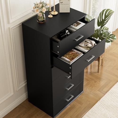 FOTOSOK Black Tall Dresser with 6 Drawers & Modern Handles