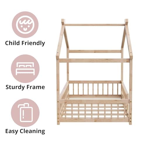 Twin Size Wooden Montessori Bed with Guardrails & Roof, No Box Spring Needed,Natural