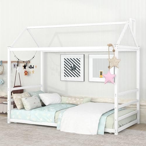 Twin Size Montessori Floor Bed with High Headboard (White)