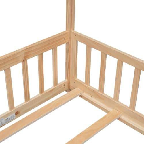i-POOK Safety Guardrail Twin Bed with House Design, Solid Wood Slats Support, Natural Finish