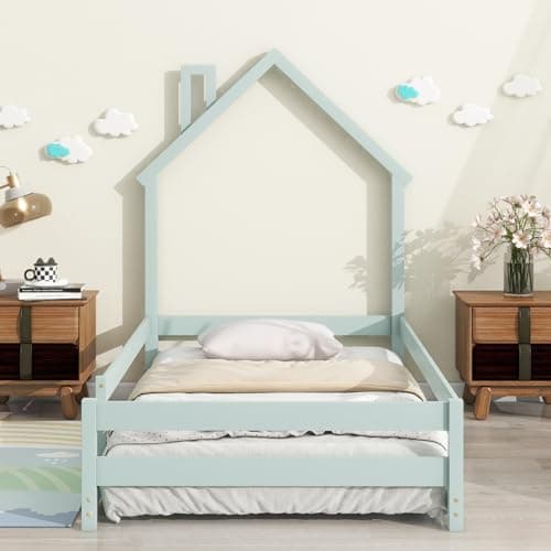 Montessori Twin Floor Bed with House-Shaped Headboard and Fence Guardrails