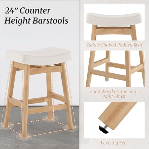 2 Pack Beige Fabric Sturdy Wood Leg Bar Stools, Counter Height, Kitchen & Bar