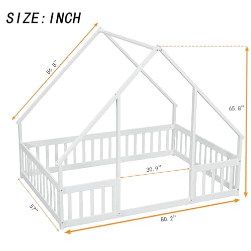 Wooden Montessori Full Floor Bed for Kids with Fence, Playhouse Play Bed - White