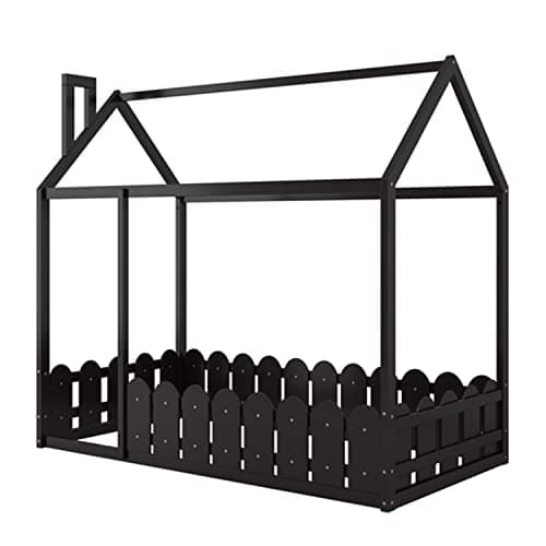 Wood House Bed Frame with Fence, Roof, and Full-Length Guardrail, for Children and Teens