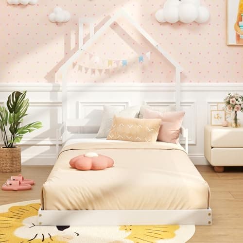 Giantex White Wood Floor Bed for Kids with Chimney Headboard & Handrail
