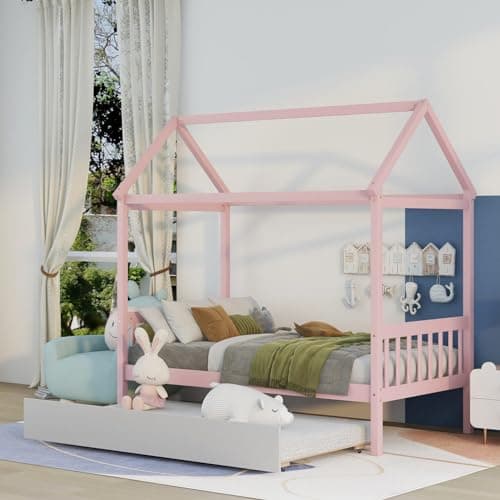 i-POOK House Twin Bed Frame, Pink, with Trundle and Headboard