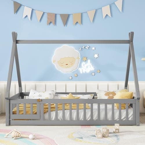 Twin Size Tent-Shaped Montessori Floor Bed with Slats, Guardrails, and Door in Grey
