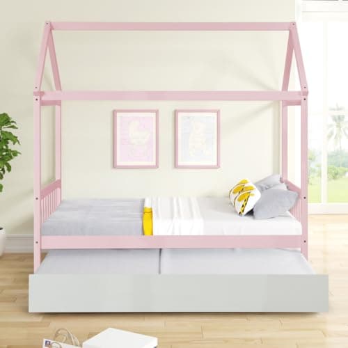 i-POOK House Twin Bed Frame, Pink, with Trundle and Headboard