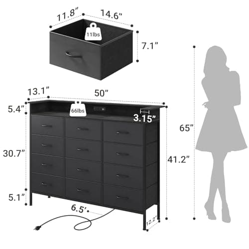 Elyken 50" Black Dresser with 12 Drawers & Charging Station