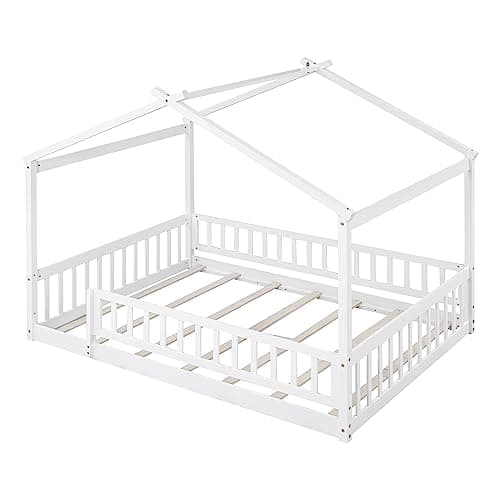 White Wooden Montessori Style Floor Bed with Fence for Kids
