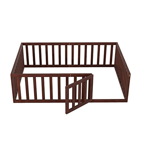 Full Floor Bed Frame for Toddler with Fence and Wood Slats