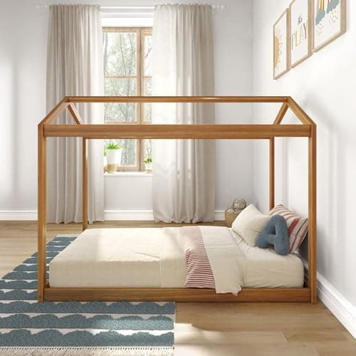 Max & Lily Montessori Wooden Twin Floor Bed, Modern Solid Pecan for Kids
