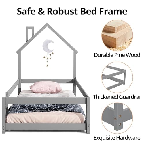 Modern Twin Size House Floor Bed - Solid Wood Montessori Bed for Children, Boys, Girls (Grey)