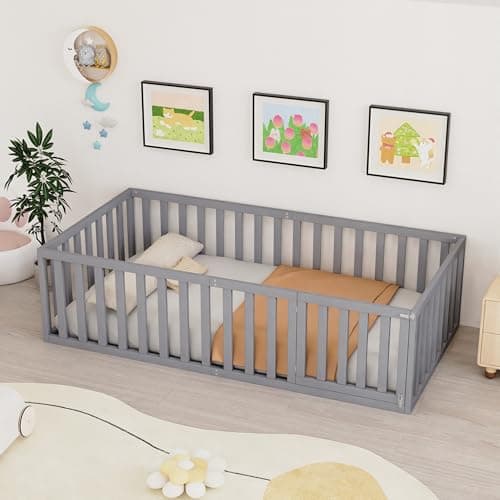 Twin Size Wood Montessori Bed with Guardrails & Detachable Door, White
