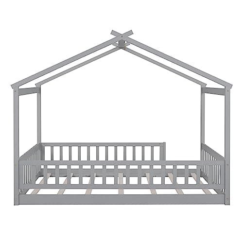 Full Size Wood Montessori Bed with Roof and Fence-Shaped Guardrails, Gray
