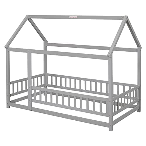 Gray Twin Montessori Floor Bed with Roof & Fence, Easy Assemble No Box Spring Needed