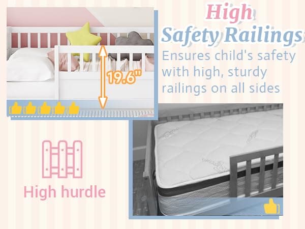 Montessori Twin Bed with High Rails for Kids, White