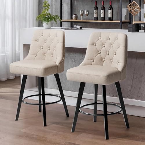 Retro Upholstered Swivel Bar Stools, 360 Rotation, Gray Linen, Solid Wood Legs, Kitchen Island, 26" H Seat