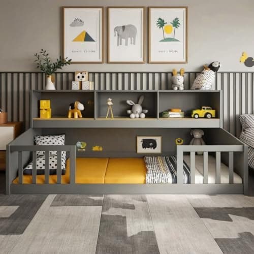 Grey Twin Montessori Floor Bed with Bookcase & Safety Guardrails