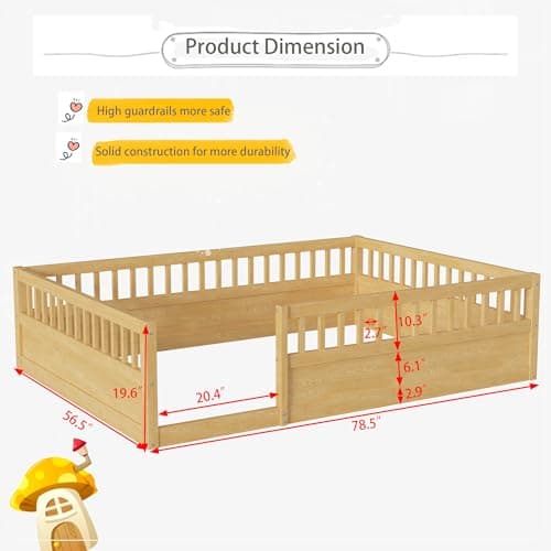 Montessori Full Size Floor Bed with High Rails for Kids, Natural Wood