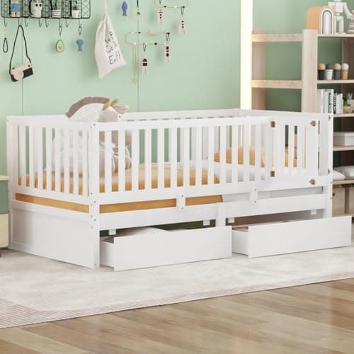 i-POOK Full Size White Wooden Daybed with Drawers & Fence Guardrails