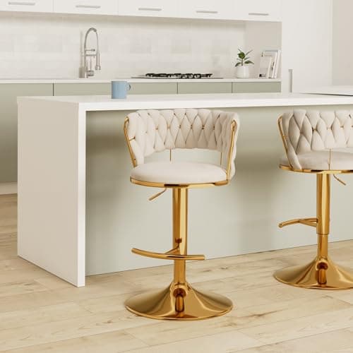 Beige Velvet Gold Bar Stools Set of 4, Counter Height, Low Back, Adjustable & Swivel