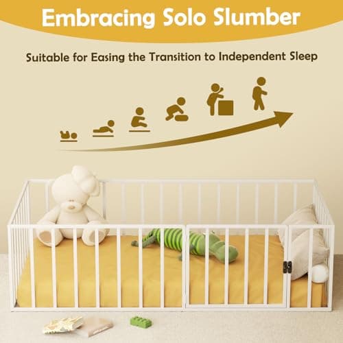 LOVMOR Safety-Fenced Twin Metal Floor Bed for Kids with Door