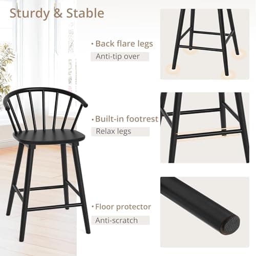 LUE BONA Black Farmhouse Bar Stools, Semicircular Backrest, Set of 2, Modern Counter Height