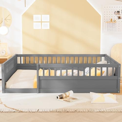 ROOMTEC Montessori Twin Beds with Safety Fence & Convertible Door, Grey