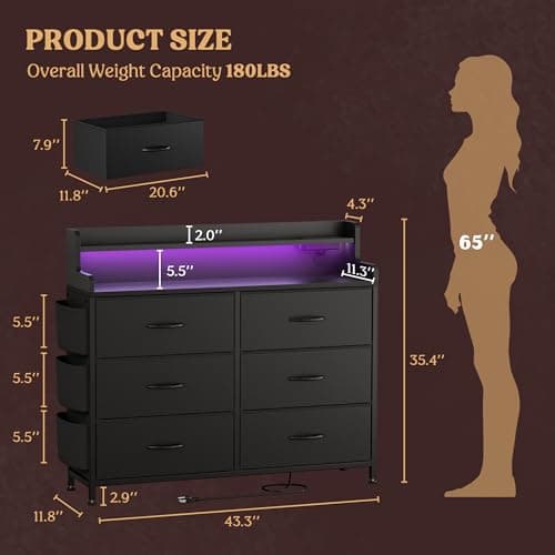 Lulive Black Dresser with 6 Drawers & LED Light for Bedroom